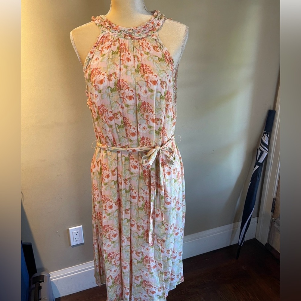 Dillards “Latimer Gibson” Floral Halter Style Midi Dress in Peach and Cream XL